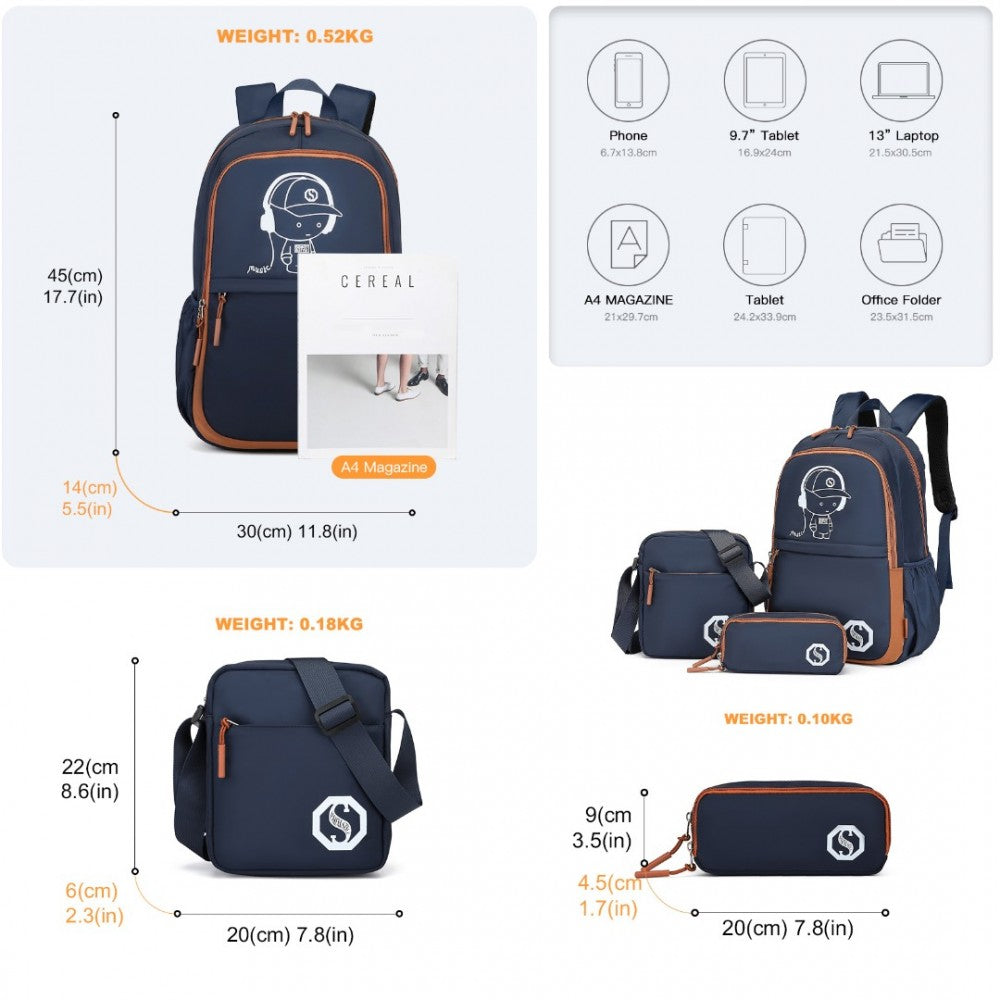 EB2363 - KONO LIGHTWEIGHT & GLOW-IN-THE-DARK 3-PIECE LAPTOP BACKPACK SET WITH CROSSBODY BAG AND PENCIL CASE - NAVY AND BROWN