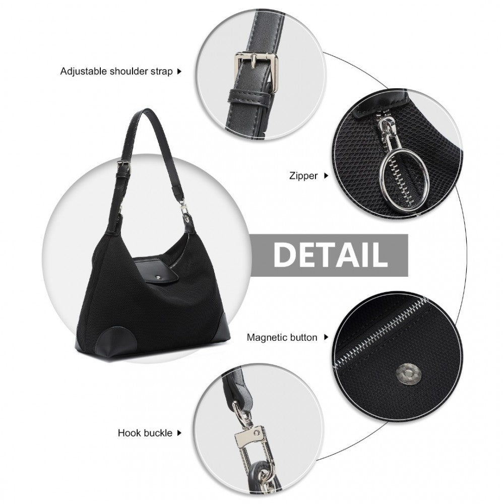 LD2364 - MISS LULU LIGHTWEIGHT CHIC MESH CASUAL SHOULDER BAG WITH PROTECTIVE PU ACCENTS - BLACK