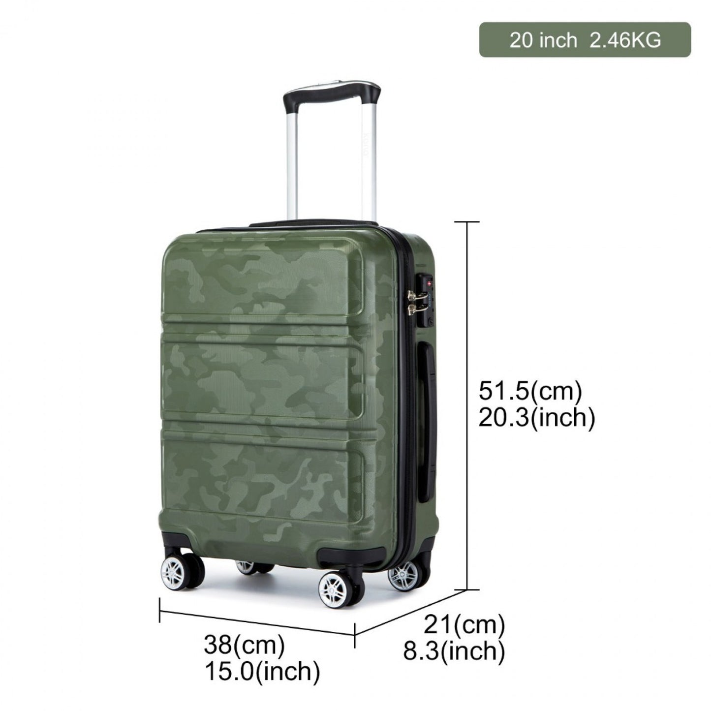 K1871-1L - KONO ABS 20 INCH SCULPTED HORIZONTAL DESIGN CABIN LUGGAGE - CAMOUFLAGE GREEN AND BLACK - The Baggage Shop