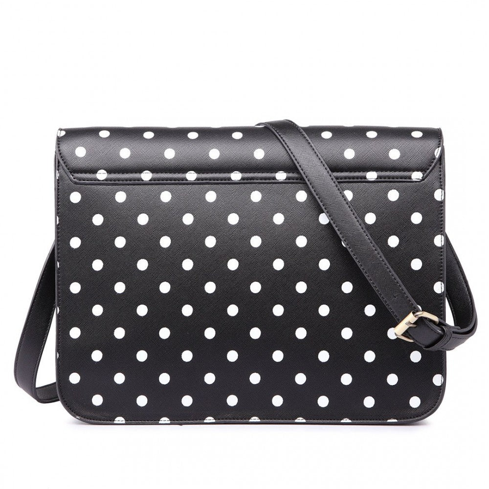 LT1665D2 - MISS LULU POLKA DOT LEATHER LOOK SCHOOL WORK SATCHEL BLACK