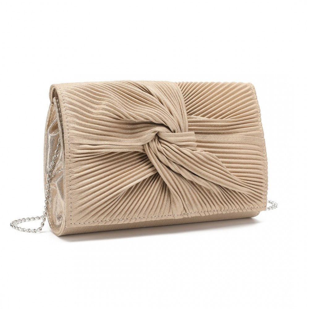 LH2252 - MISS LULU WOMEN'S PLEATED BOW EVENING BAG CLUTCH HANDBAG - LIGHT GOLD