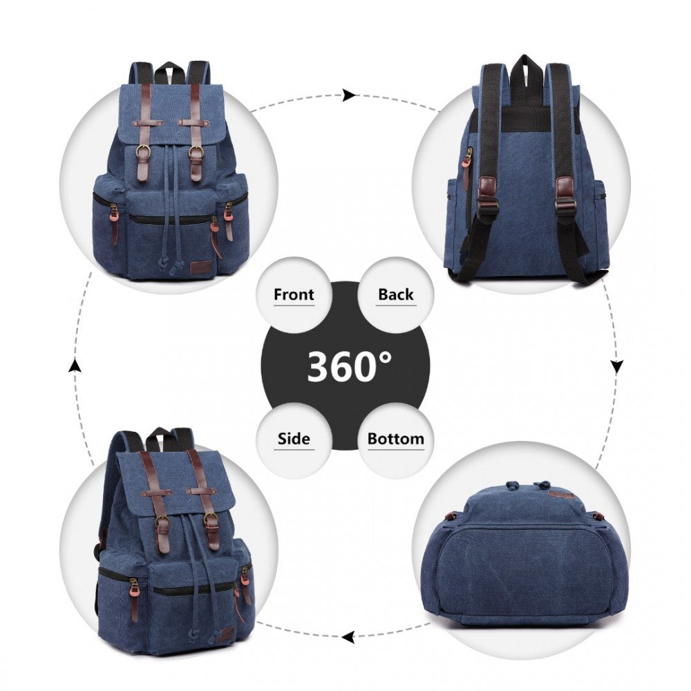 E1672 - KONO LARGE MULTI FUNCTION LEATHER DETAILS CANVAS BACKPACK - BLUE