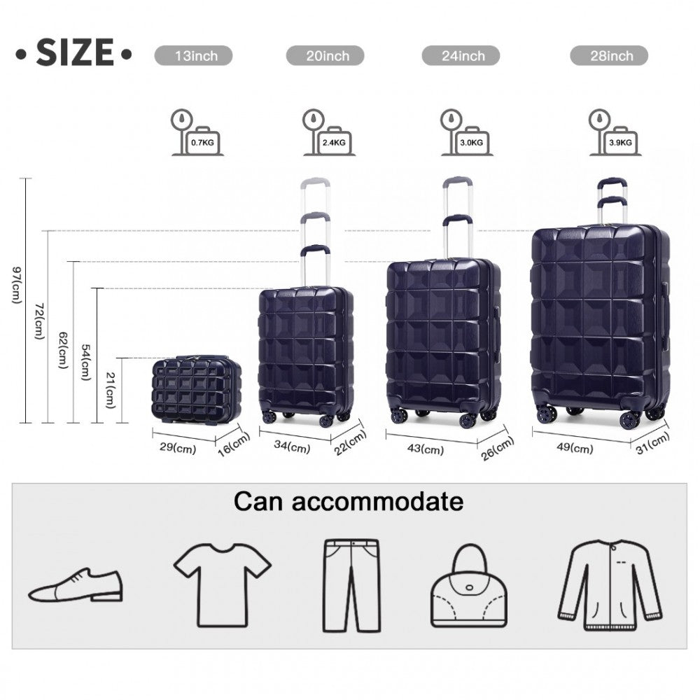 K2292L - KONO LIGHTWEIGHT HARD SHELL ABS SUITCASE WITH TSA LOCK AND VANITY CASE 4 PIECE SET - NAVY