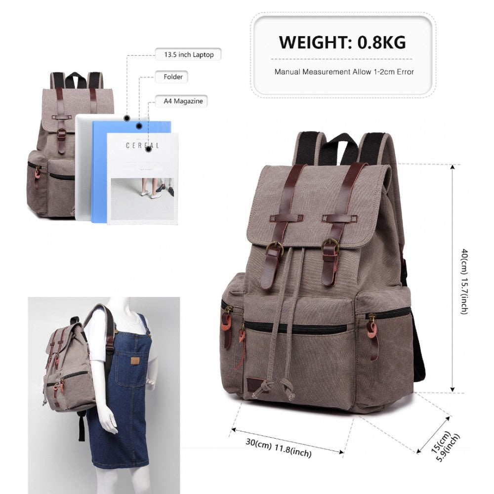 E1672 - KONO LARGE MULTI FUNCTION LEATHER DETAILS CANVAS BACKPACK - GREY