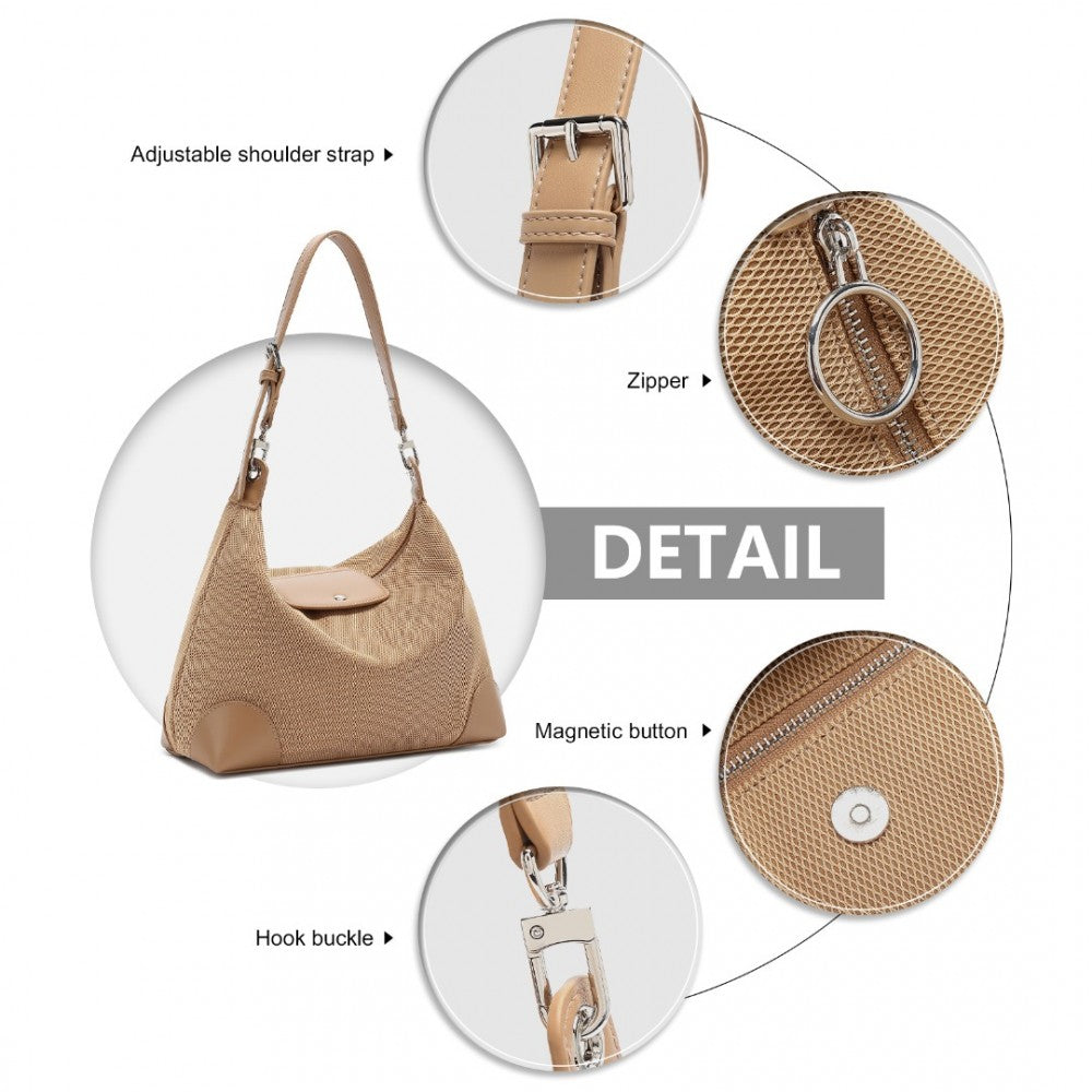 LD2364 - MISS LULU LIGHTWEIGHT CHIC MESH CASUAL SHOULDER BAG WITH PROTECTIVE PU ACCENTS - KHAKI