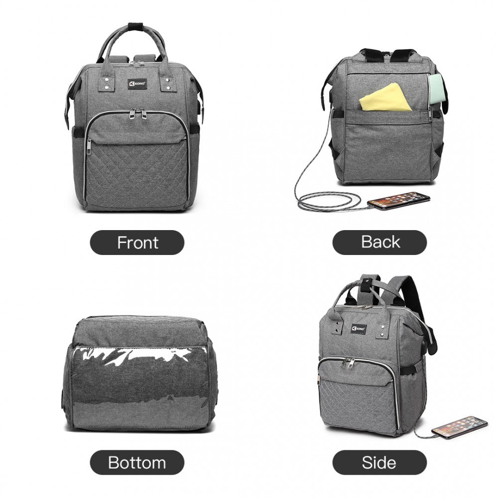 E6705USB - KONO PLAIN WIDE OPENING BABY NAPPY CHANGING BACKPACK WITH USB CONNECTIVITY - GREY