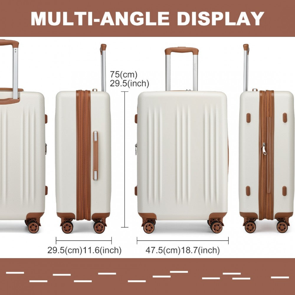 KSK2483 - KONO 28 INCH SLEEK STRIPED CHECK-IN SUITCASE EXPANDABLE DURABLE ABS+PC LUGGAGE WITH FOUR SPINNER WHEELS TSA LOCK - CREAM AND BROWN