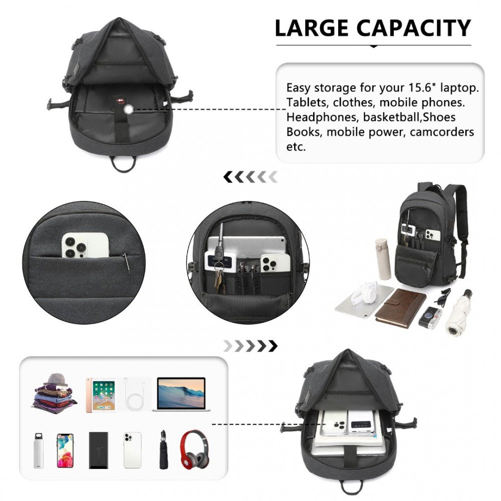 EM2347 - KONO MULTI-COMPARTMENT WATER-RESISTANT BACKPACK WITH USB CHARGING PORT - BLACK