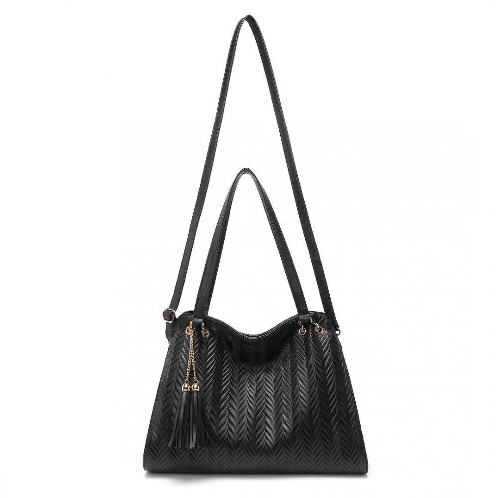 LG2339 - MISS LULU CHIC EMBOSSED TOTE WITH TASSEL DETAIL AND CARD POUCH - BLACK