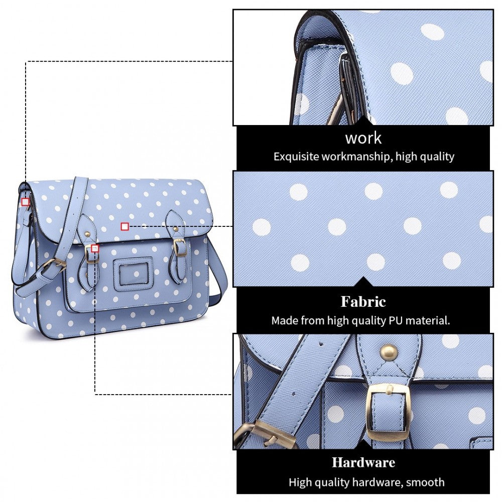 LT1665D2 - MISS LULU POLKA DOT LEATHER LOOK SCHOOL WORK SATCHEL LIGHT BLUE