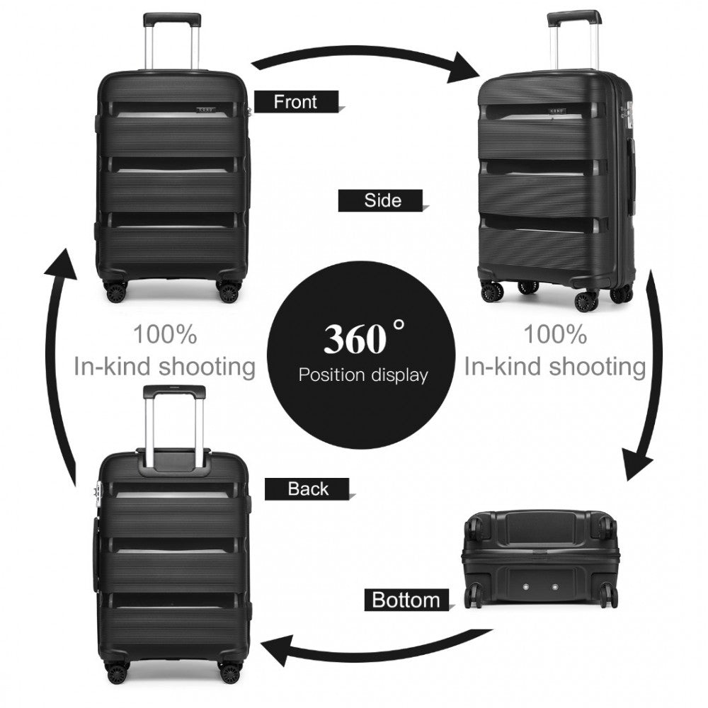 K2092L - KONO BRIGHT HARD SHELL PP SUITCASE WITH TSA LOCK AND VANITY CASE 4 PIECES SET - CLASSIC COLLECTION - BLACK