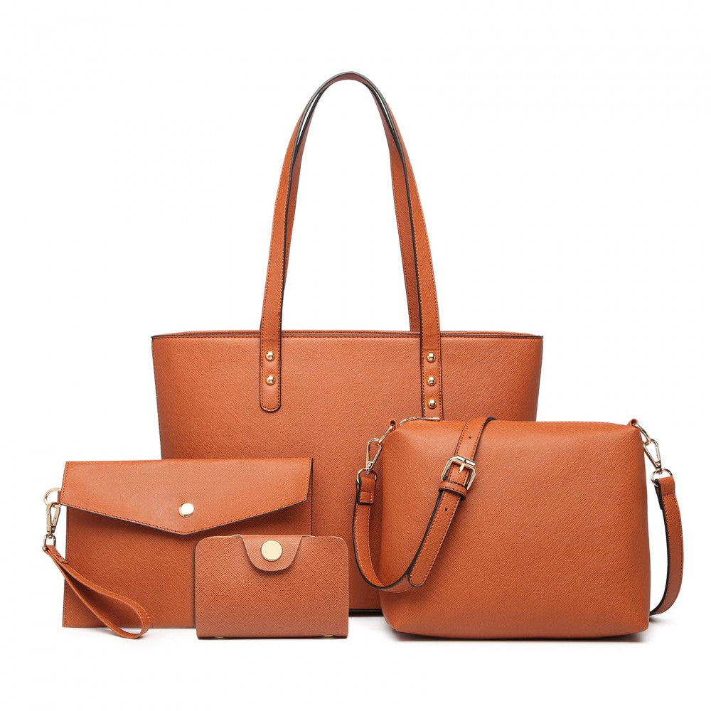 LG6931 - MISS LULU 4 PIECE HANDBAG SET - BROWN