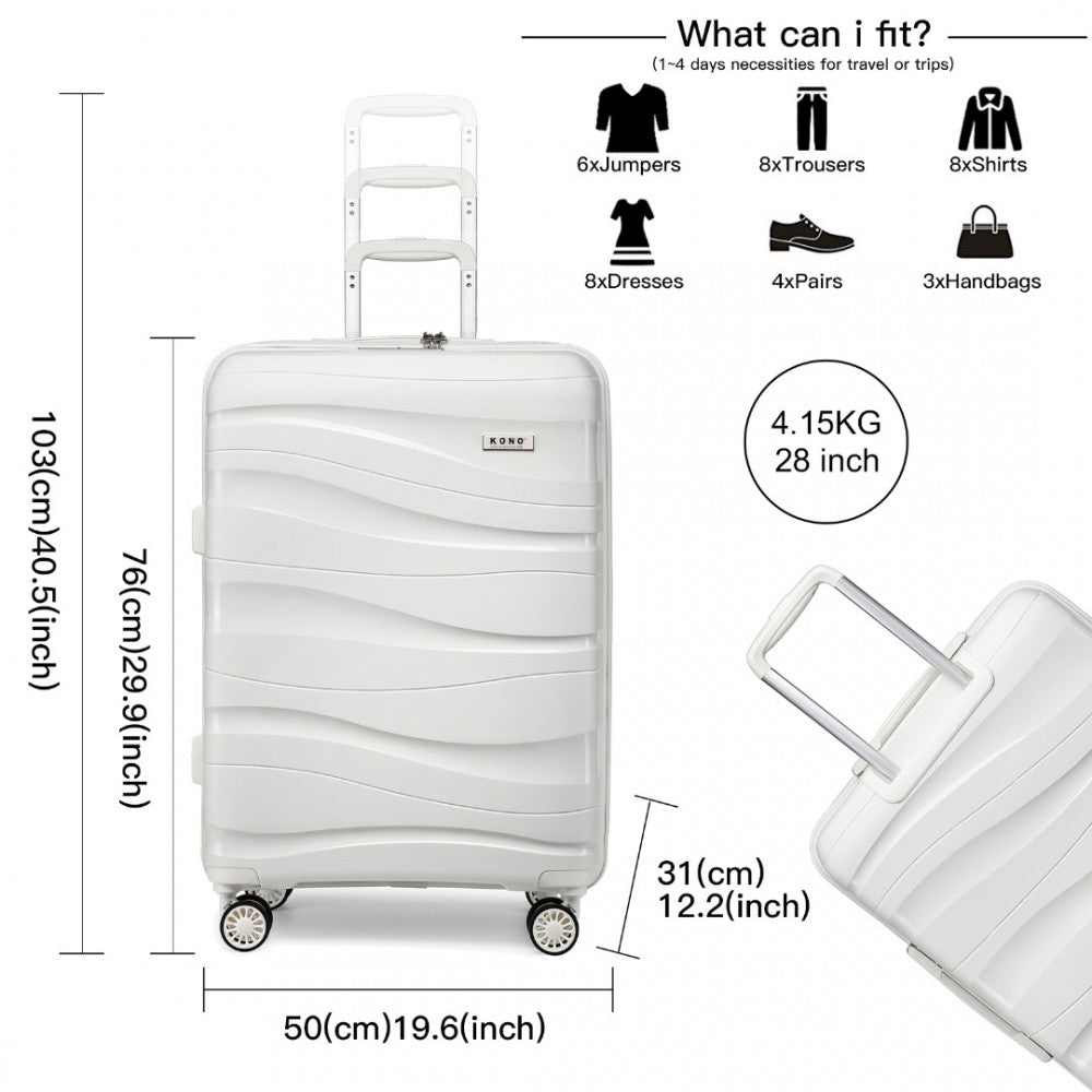 K2094L - KONO 28 INCH LIGHTWEIGHT POLYPROPYLENE HARD SHELL SUITCASE WITH TSA LOCK - CREAM WHITE