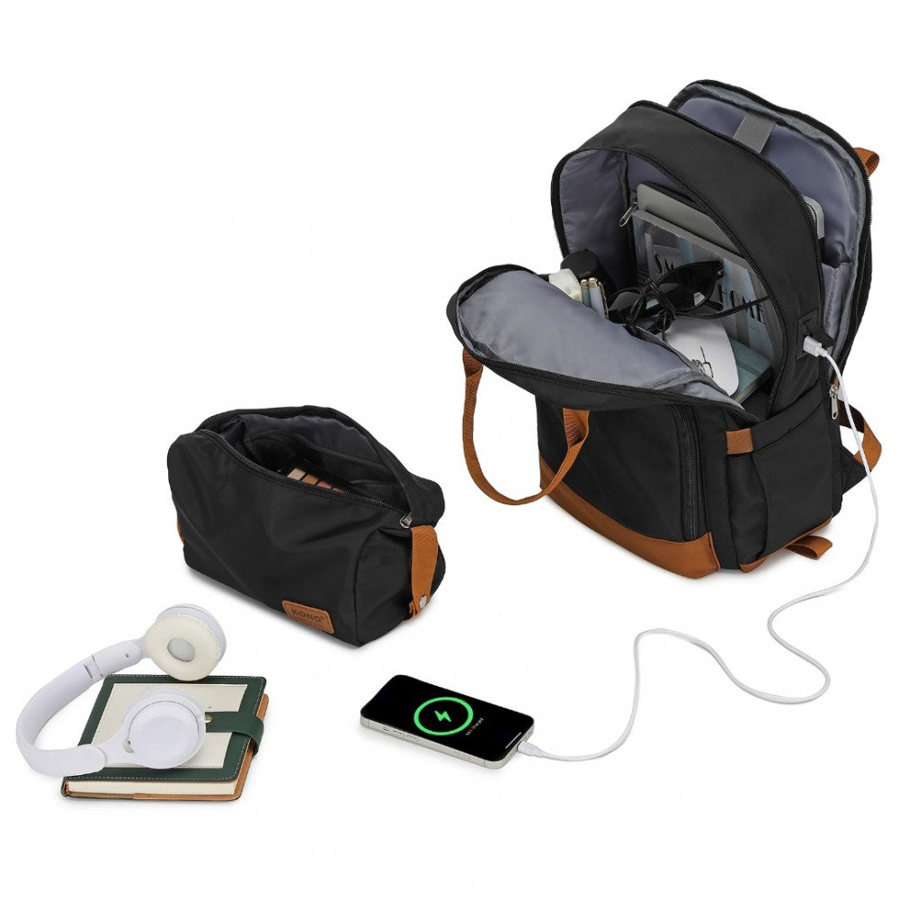 EQ2401 - KONO MULTI-COMPARTMENT LAPTOP BACKPACK WITH TYPE-C USB CHARGING PORT AND SMALL POUCH FOR DAILY COMMUTE AND TRAVEL - BLACK AND BROWN