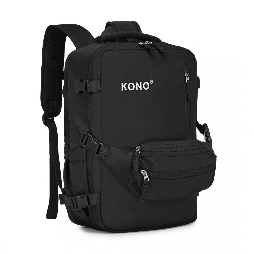 EQ2406 - KONO ULTIMATE TRAVELER'S BACKPACK WITH DETACHABLE WAIST PACK AND INTEGRATED USB/TYPE-C CHARGING PORTS - BLACK