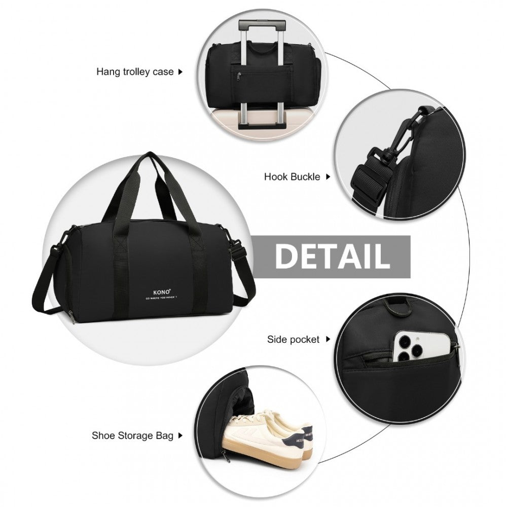 EA2305 - KONO WATERPROOF DUFFEL BAG LIGHTWEIGHT SPORTS GYM BAG WITH SHOES COMPARTMENT - BLACK