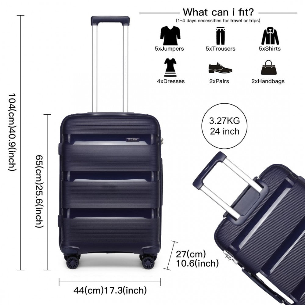 K2092L - KONO 24 INCH BRIGHT HARD SHELL PP SUITCASE - CLASSIC COLLECTION - NAVY