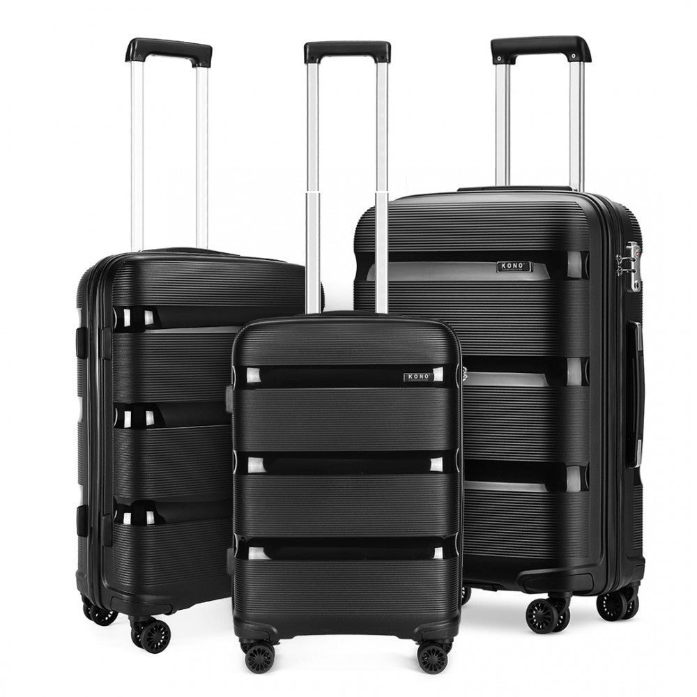 K2092L - KONO BRIGHT HARD SHELL PP SUITCASE 3 PIECES SET - CLASSIC COLLECTION - BLACK