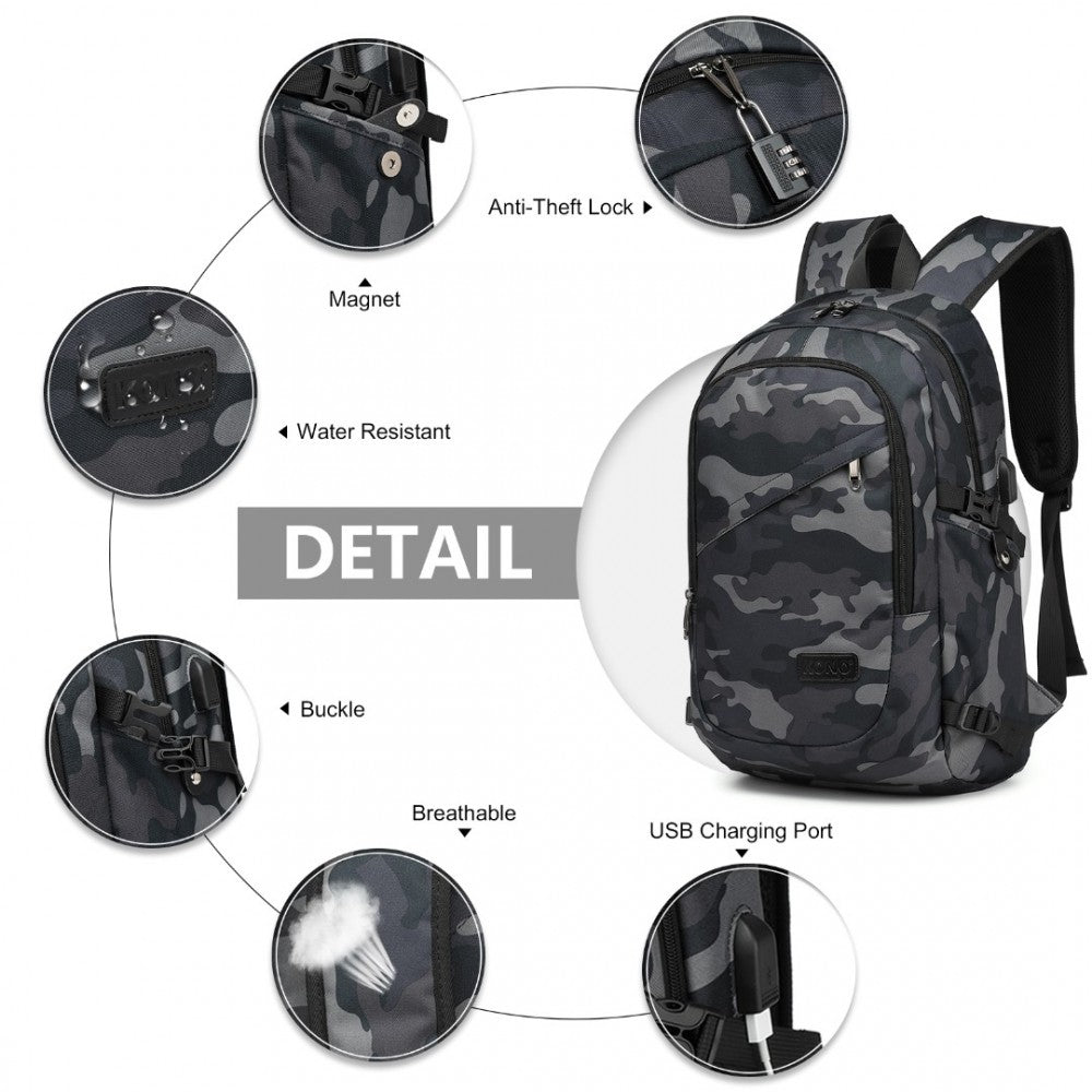 E6715 - KONO BUSINESS LAPTOP BACKPACK WITH USB CHARGING PORT - CAMO