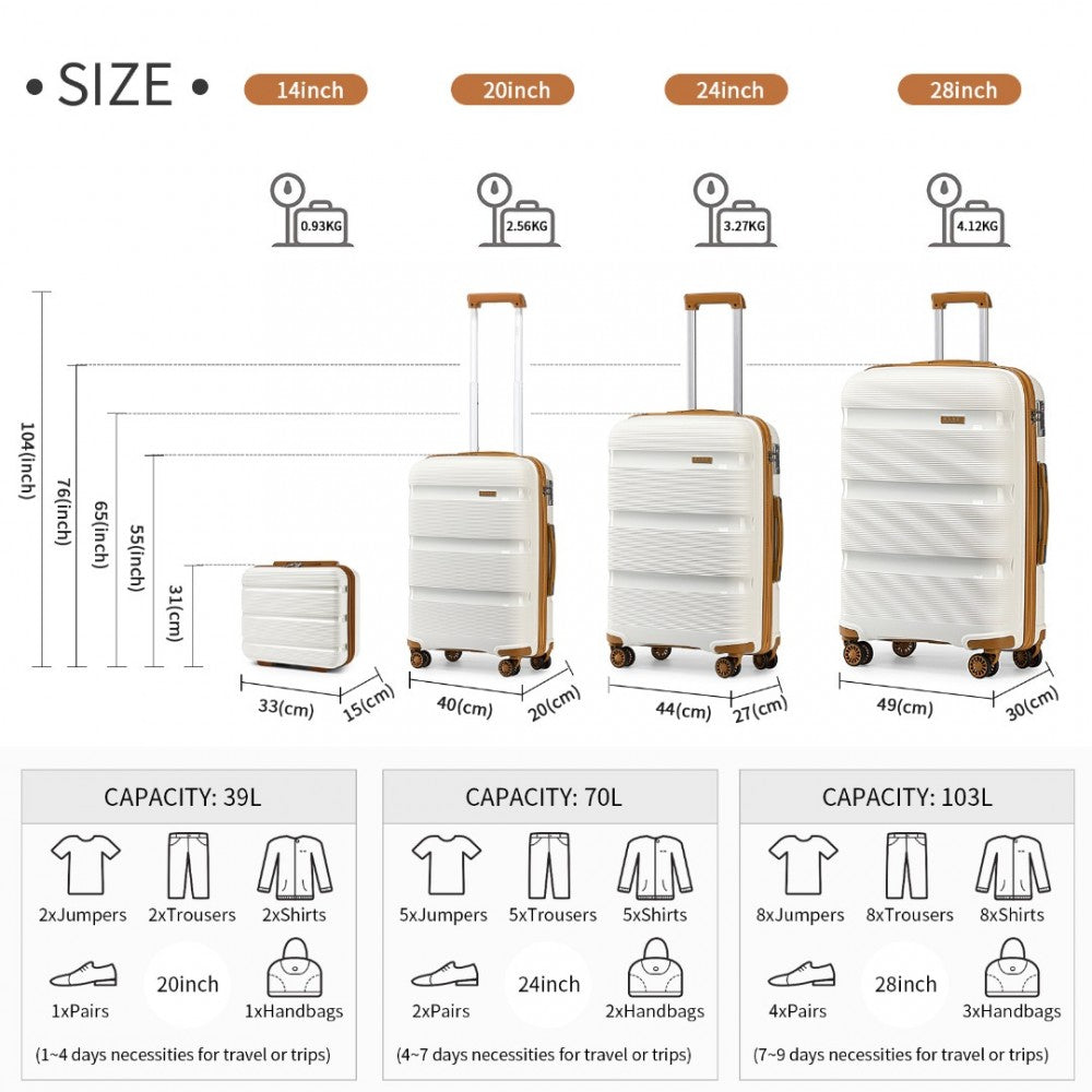 K2092L - KONO BRIGHT HARD SHELL PP SUITCASE WITH TSA LOCK AND VANITY CASE 4 PIECES SET - CLASSIC COLLECTION - CREAM