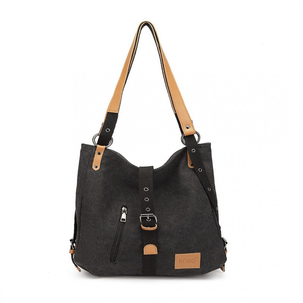 E6850 - KONO CANVAS HOBO SLOUCH SHOULDER BAG AND BACKPACK - BLACK