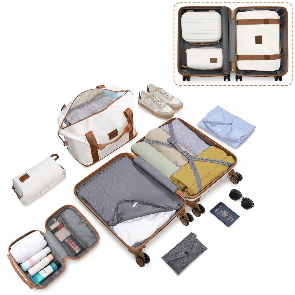 K1871-1L+EA2212 - KONO ABS 4 WHEEL SUITCASE SET WITH VANITY CASE AND WEEKEND BAG AND TOILETRY BAG - CREAM