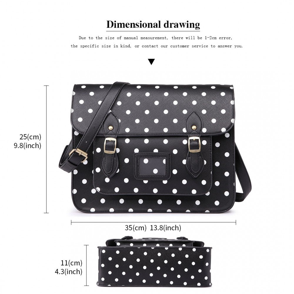 LT1665D2 - MISS LULU POLKA DOT LEATHER LOOK SCHOOL WORK SATCHEL BLACK