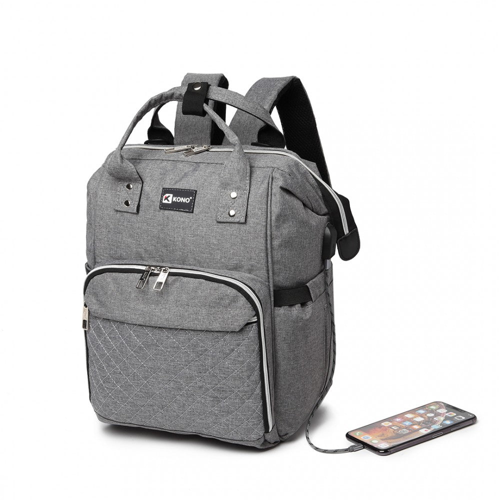 E6705USB - KONO PLAIN WIDE OPENING BABY NAPPY CHANGING BACKPACK WITH USB CONNECTIVITY - GREY