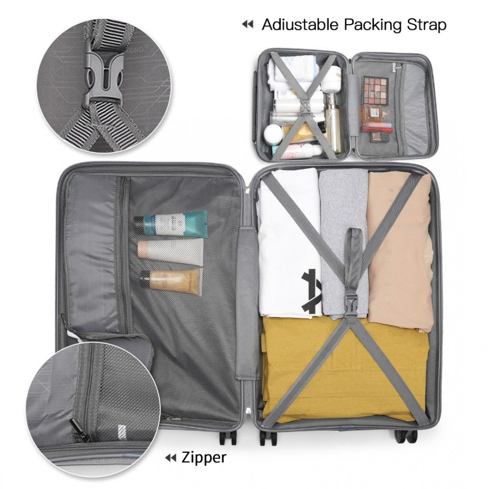 K2092L - KONO BRIGHT HARD SHELL PP SUITCASE WITH TSA LOCK AND VANITY CASE 4 PIECES SET - CLASSIC COLLECTION - GREY