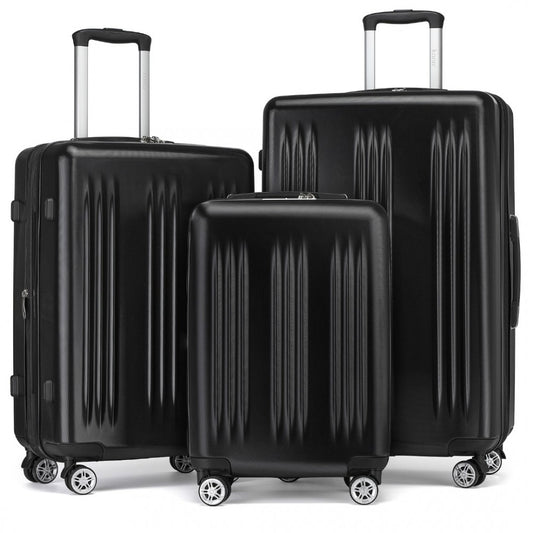 KSK2483 - KONO 3 PIECE LUGGAGE SET 20/24/28 INCH SLEEK STRIPED EXPANDABLE ABS+PC SUITCASE WITH TSA LOCK AND FOUR SPINNER WHEELS - BLACK