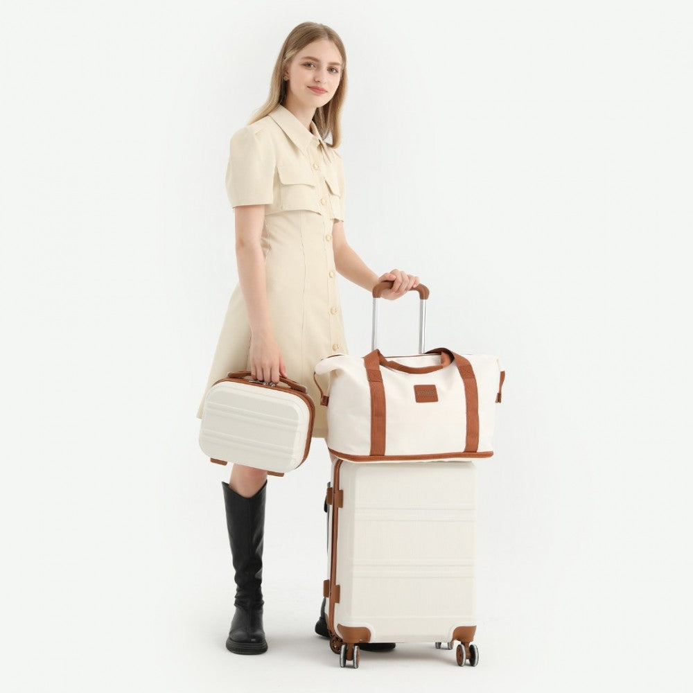 K1871-1L+EA2212 - KONO ABS 4 WHEEL SUITCASE SET WITH VANITY CASE AND WEEKEND BAG AND TOILETRY BAG - CREAM