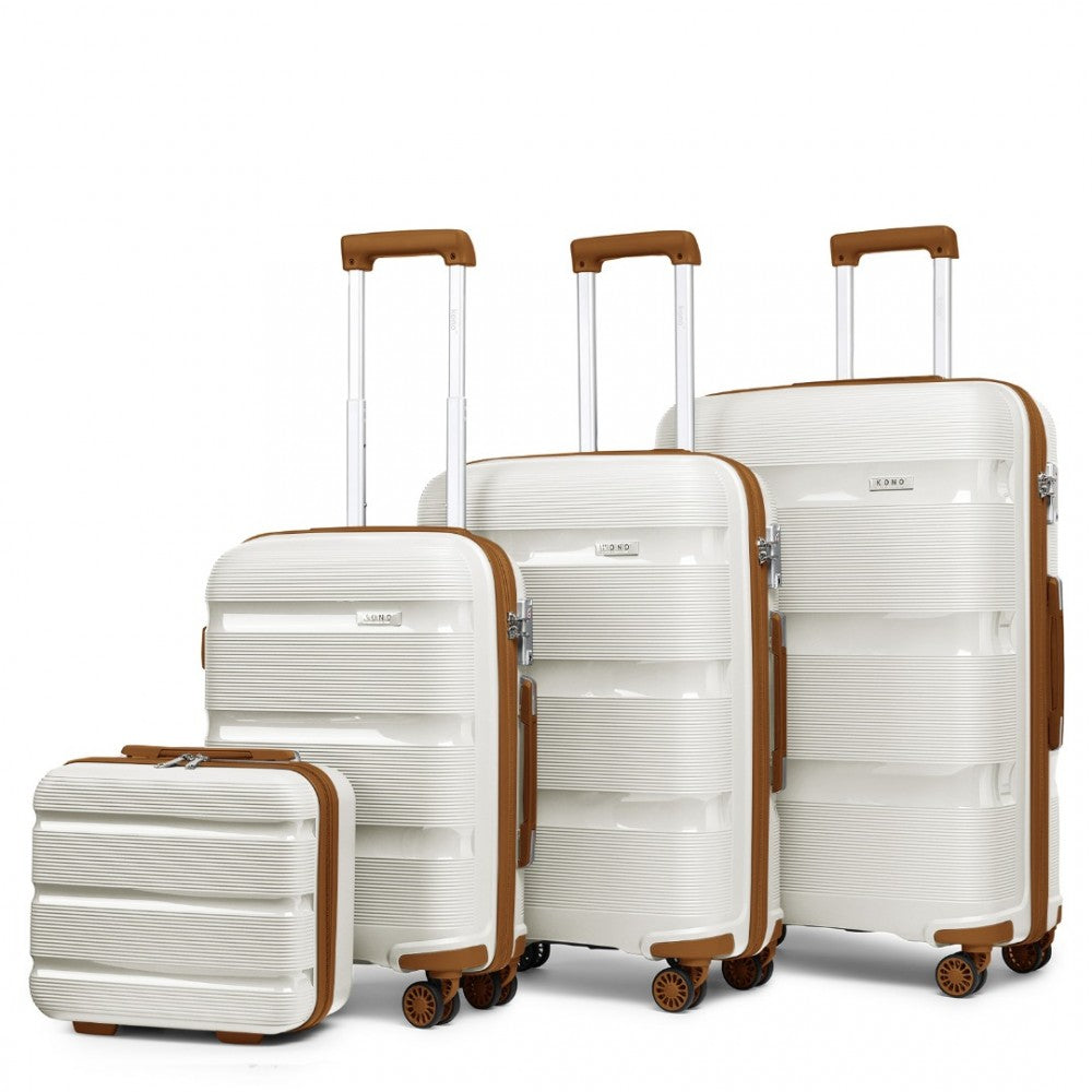 K2092L - KONO BRIGHT HARD SHELL PP SUITCASE WITH TSA LOCK AND VANITY CASE 4 PIECES SET - CLASSIC COLLECTION - CREAM