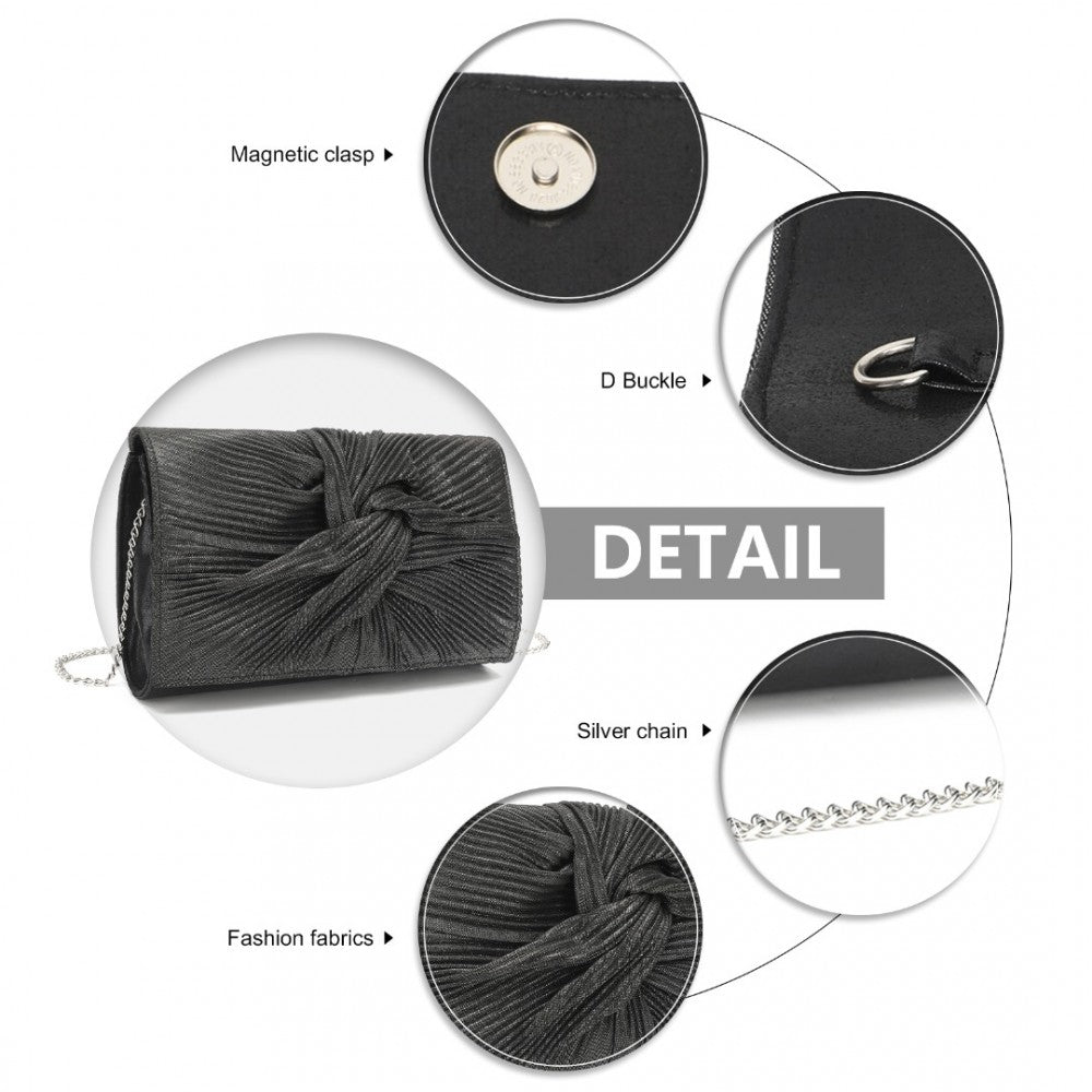 LH2252 - MISS LULU WOMEN'S PLEATED BOW EVENING BAG CLUTCH HANDBAG - BLACK