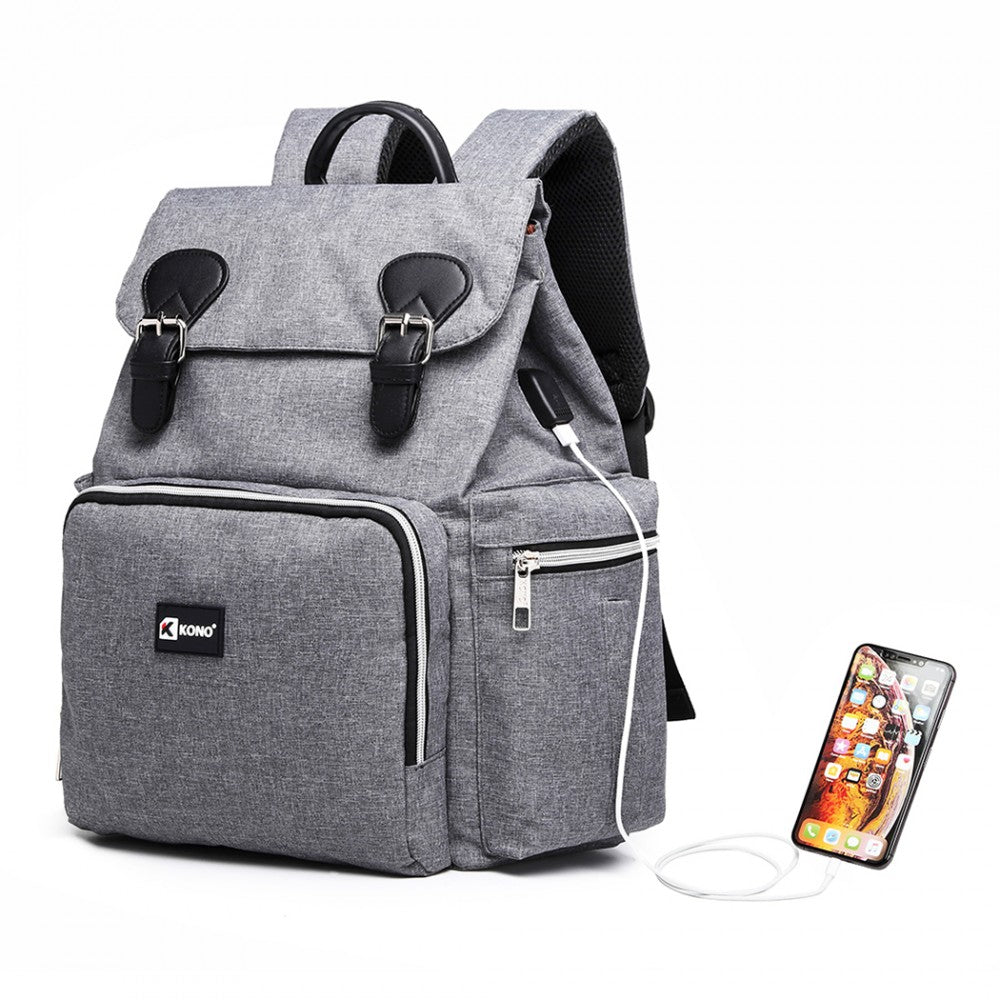 E1976 - KONO TRAVEL BABY CHANGING BACKPACK WITH USB CHARGING INTERFACE - GREY