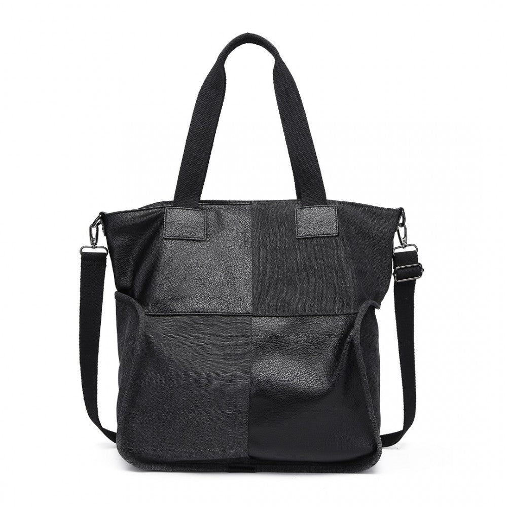 EH2221 - KONO PANELED CONTRAST LARGE CAPACITY CANVAS SHOULDER BAG - BLACK