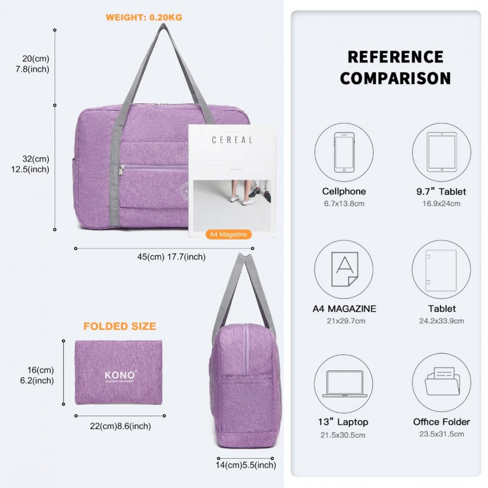 EQ2256 - KONO FOLDABLE WATERPROOF STORAGE TRAVEL HANDBAG - PURPLE