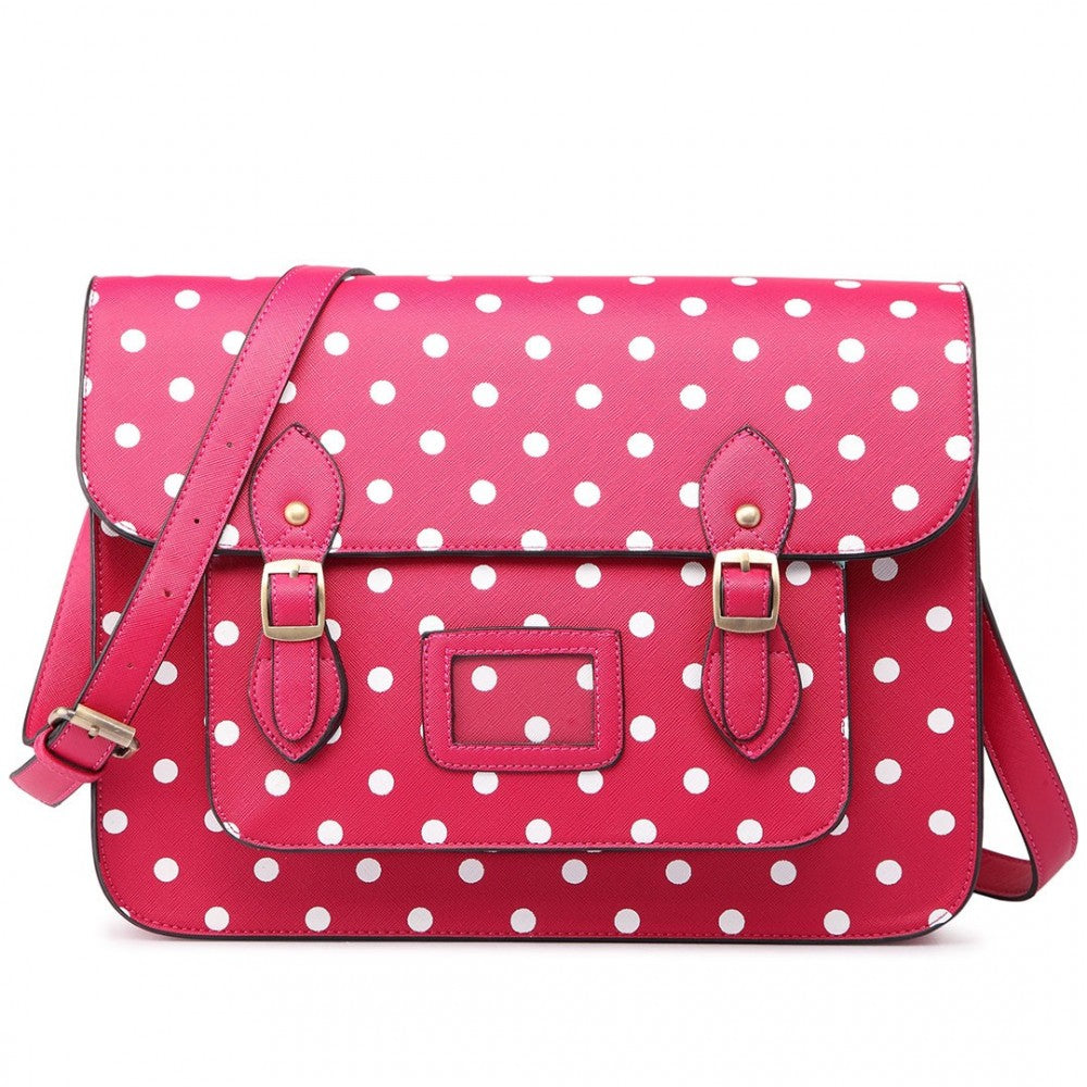 LT1665D2 - MISS LULU POLKA DOT LEATHER LOOK SCHOOL WORK SATCHEL PINK