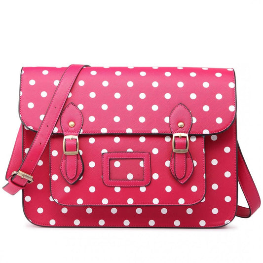 LT1665D2 - MISS LULU POLKA DOT LEATHER LOOK SCHOOL WORK SATCHEL PINK