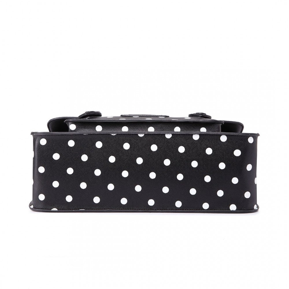 LT1665D2 - MISS LULU POLKA DOT LEATHER LOOK SCHOOL WORK SATCHEL BLACK