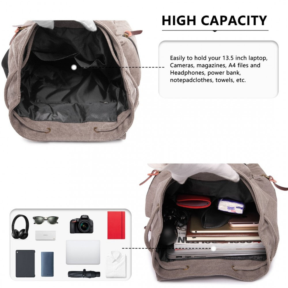 E1672 - KONO LARGE MULTI FUNCTION LEATHER DETAILS CANVAS BACKPACK - GREY