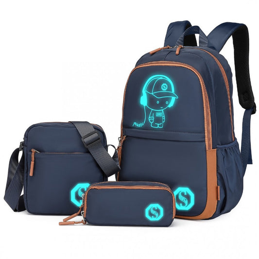 EB2363 - KONO LIGHTWEIGHT & GLOW-IN-THE-DARK 3-PIECE LAPTOP BACKPACK SET WITH CROSSBODY BAG AND PENCIL CASE - NAVY AND BROWN