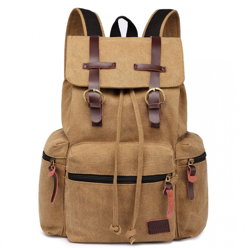 E1672 - KONO LARGE MULTI FUNCTION LEATHER DETAILS CANVAS BACKPACK - BROWN