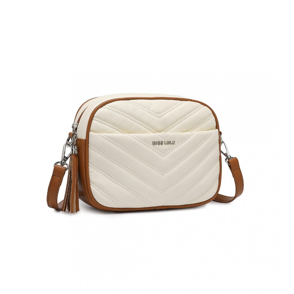 LA2119 - MISS LULU LIGHTWEIGHT QUILTED LEATHER CROSS BODY BAG - BEIGE AND BROWN