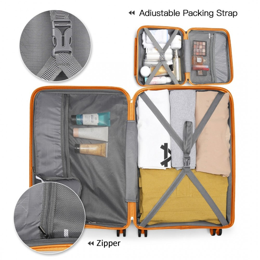 K2092L - KONO BRIGHT HARD SHELL PP SUITCASE WITH TSA LOCK AND VANITY CASE 4 PIECES SET - CLASSIC COLLECTION - ORANGE