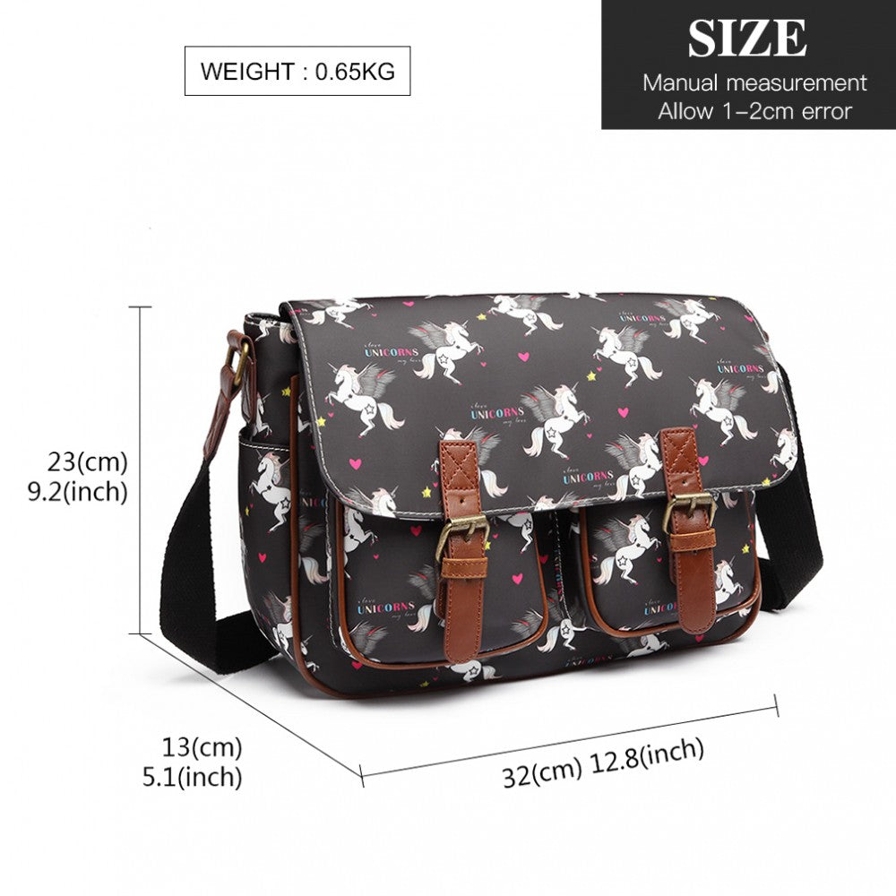 L1107 UN - MISS LULU MATTE OILCLOTH UNICORN SATCHEL - BLACK