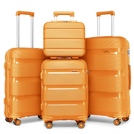 K2092L - KONO BRIGHT HARD SHELL PP SUITCASE WITH TSA LOCK AND VANITY CASE 4 PIECES SET - CLASSIC COLLECTION - ORANGE