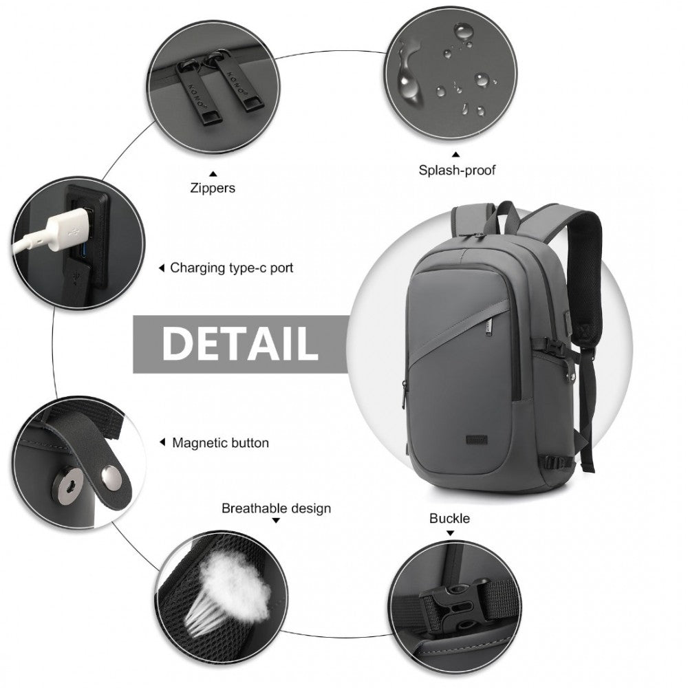 EM2349 - KONO PVC COATED WATER-RESISTANT TECH BACKPACK WITH USB CHARGING PORT - GREY