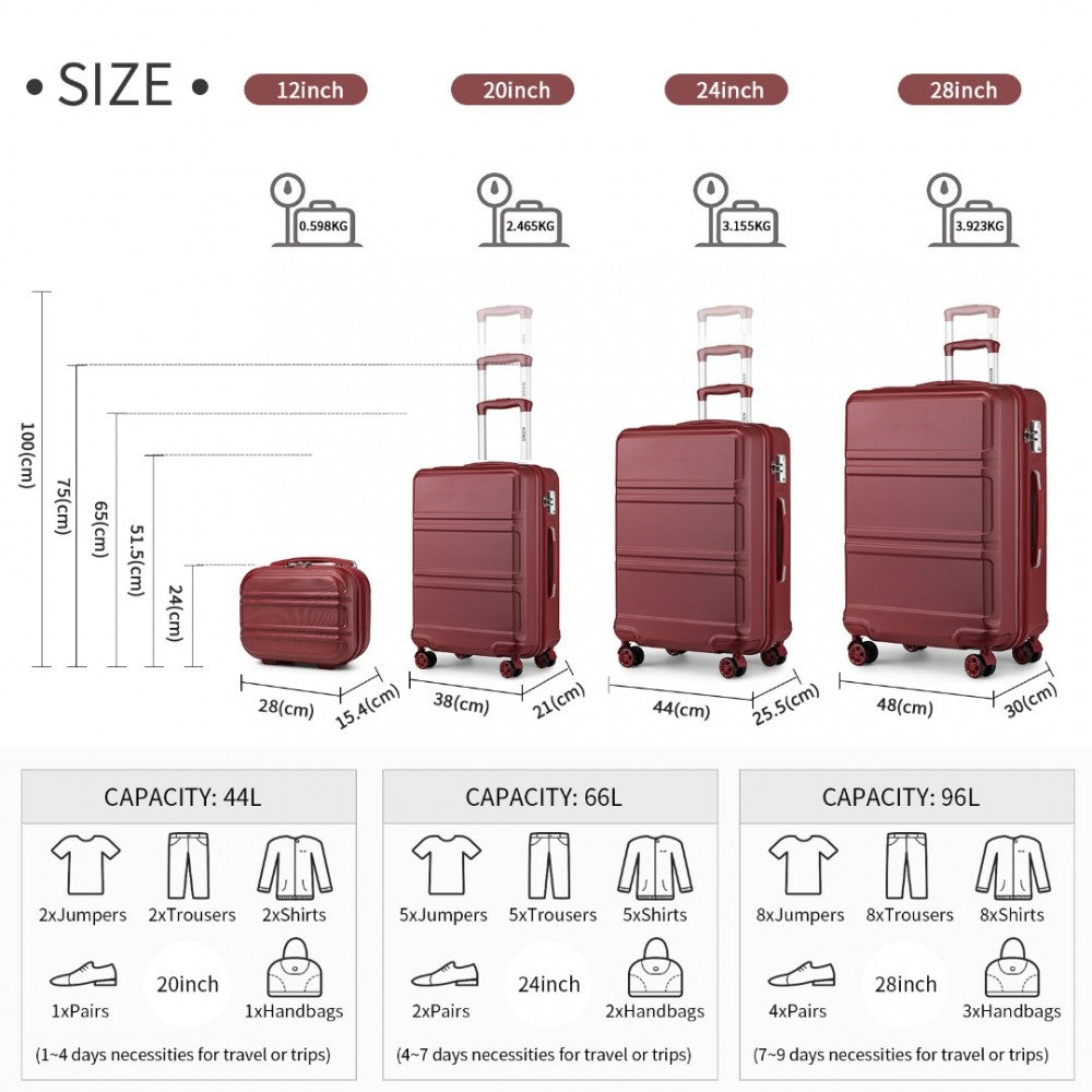 K1871-1L - KONO ABS SCULPTED HORIZONTAL DESIGN 4 PCS SUITCASE SET WITH VANITY CASE - BURGUNDY