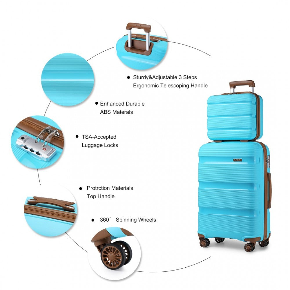 K2092L - KONO BRIGHT HARD SHELL PP SUITCASE WITH TSA LOCK AND VANITY CASE 4 PIECES SET - CLASSIC COLLECTION - BLUE AND BROWN