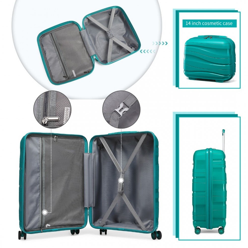 K2094L - KONO 14/20 INCH LIGHTWEIGHT POLYPROPYLENE HARD SHELL 2 PIECE SUITCASE SET WITH TSA LOCK AND VANITY CASE - TEAL